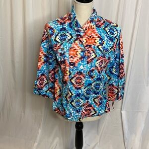 190 Ruby Rd Aztec Linen Jacket Blouse Size Medium Blue Pink
